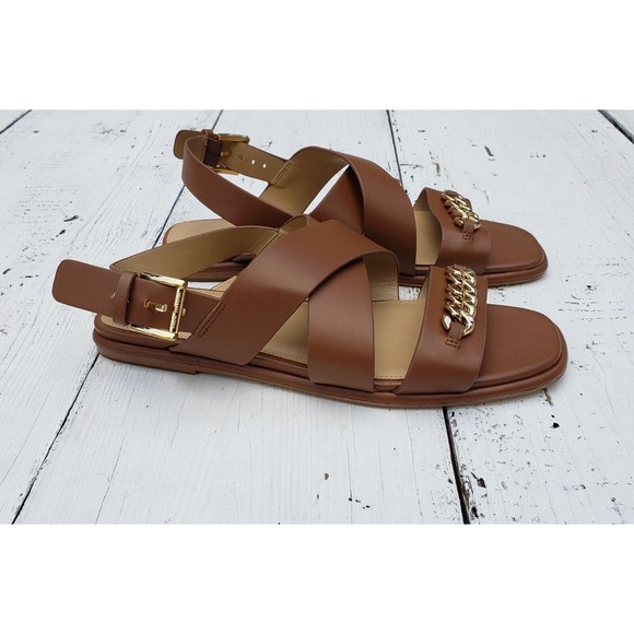 Michael Kors Shawna Womens Size 7 Brown Strap Buckle Chain Sandals NEW - Picture 1 of 6